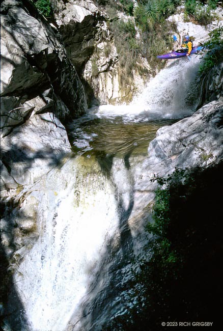 Overview of the double falls below Switzer Falls, with Gary Gunder running the top drop (La Niña).