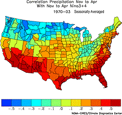 Correlation Nov to Apr Precipitation to Nino3+4 Index