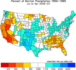 Percent of Normal Precipitation July 2006 - April 2007 (NOAA/ESRL/PSD).
