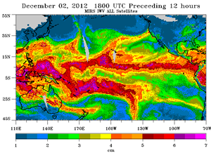 MIRS Integrated Water Vapor, December 2, 2012 1800 UTC for the preceeding 12 hours.