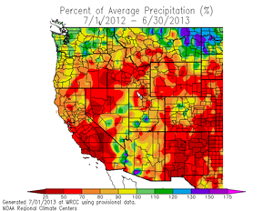 Western U.S. Precipitation - Percent of Average (WRCC) for July 1, 2012 to June 30, 2013.