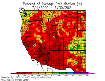 WRCC/HPRCC Percent of Normal Precipitation, July 1, 2020 to June 30 2021