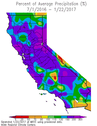 California Percent of Normal Precipitation for July 1 to January 22, 2017 (WRCC)