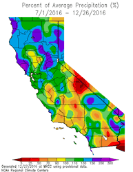 California Percent of Normal Precipitation for July 1 to December 26, 2016 (WRCC)